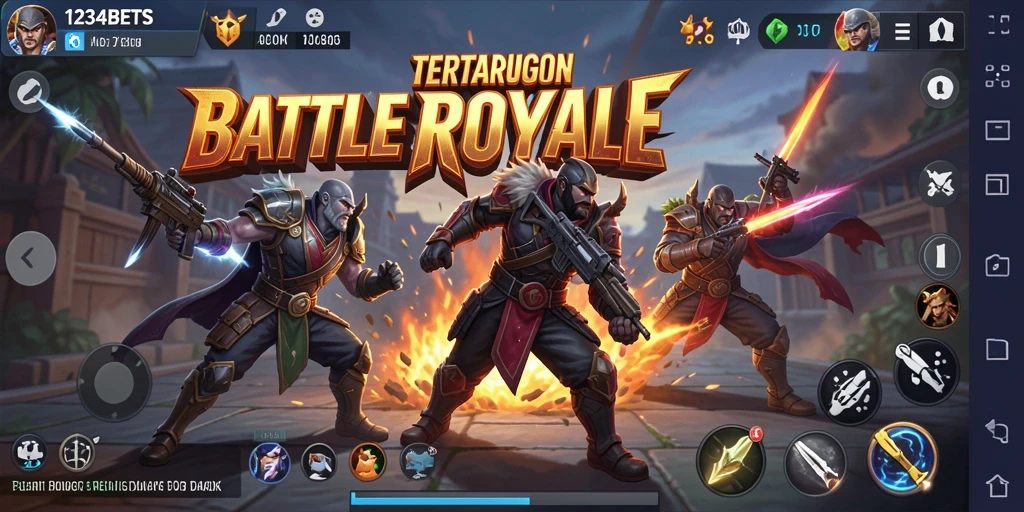 Tampilan luar biasa dari arena pertempuran 1234BETS dengan pemain yang bertarung.