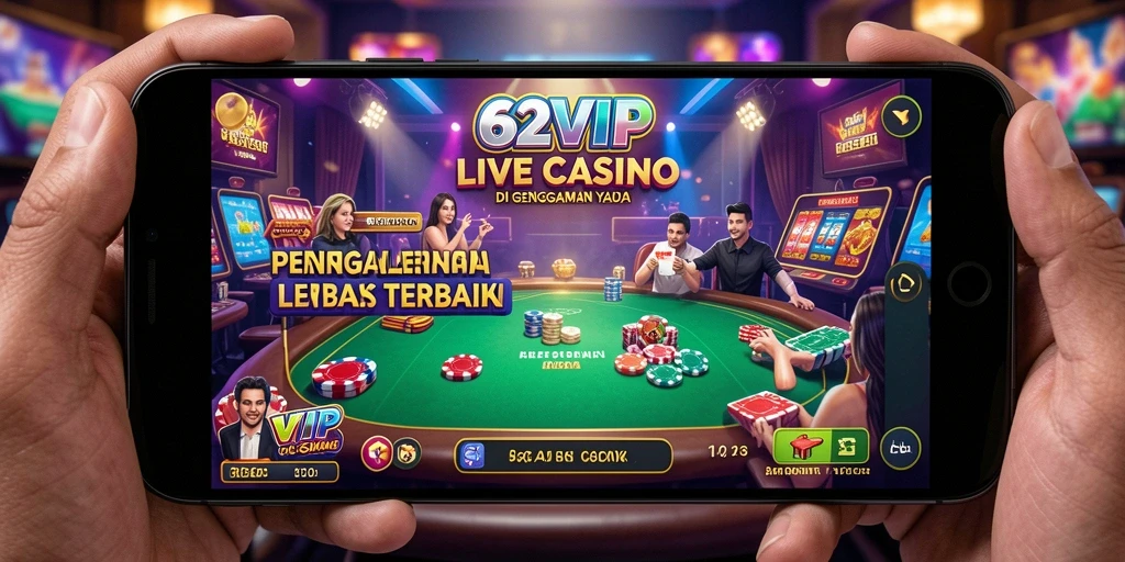 Screenshot utama 62VIP memperlihatkan dealer profesional dan suasana kasino yang nyata.