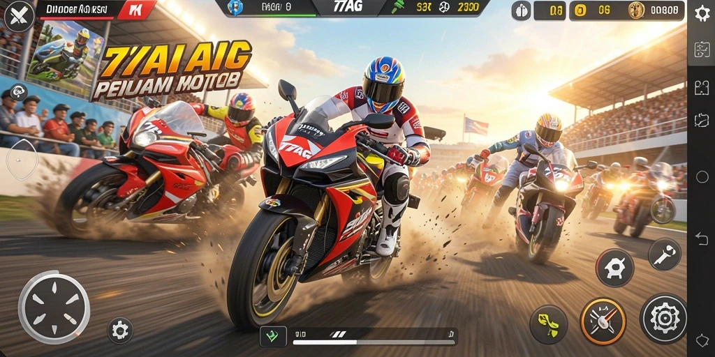 Tampilan gameplay 77AG yang mendebarkan dengan aksi balapan motor.