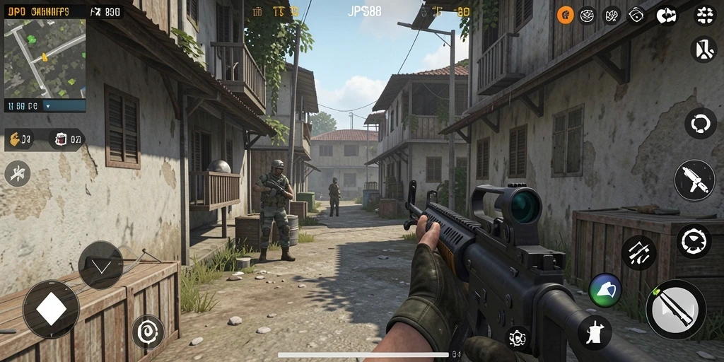 Gameplay menegangkan dalam JPS88 yang memperlihatkan aksi perang FPS.