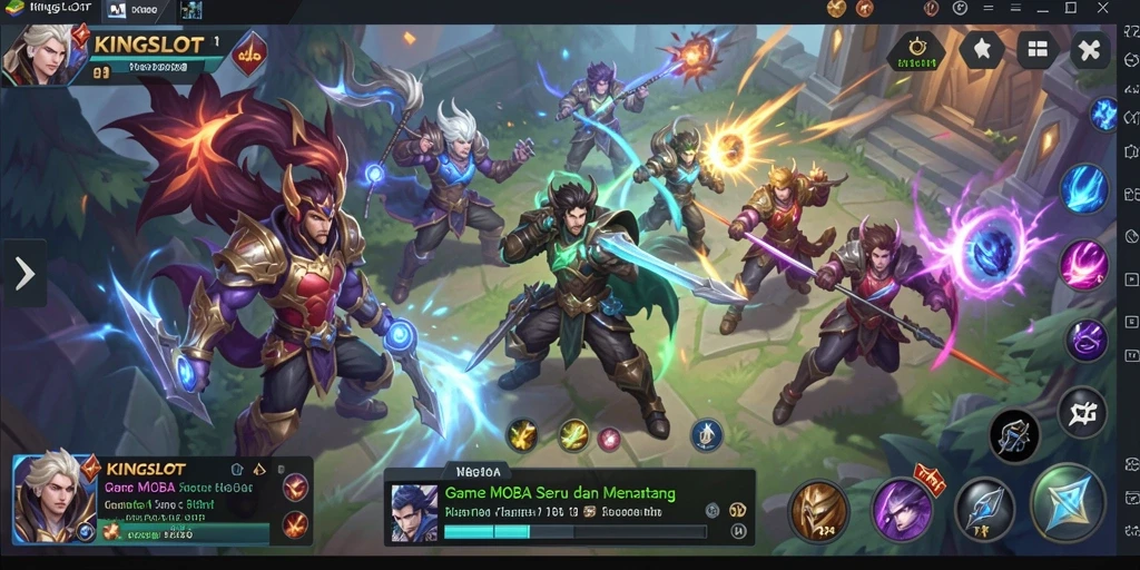 Screenshot gameplay KINGSLOT menampilkan pertarungan epik di arena MOBA.
