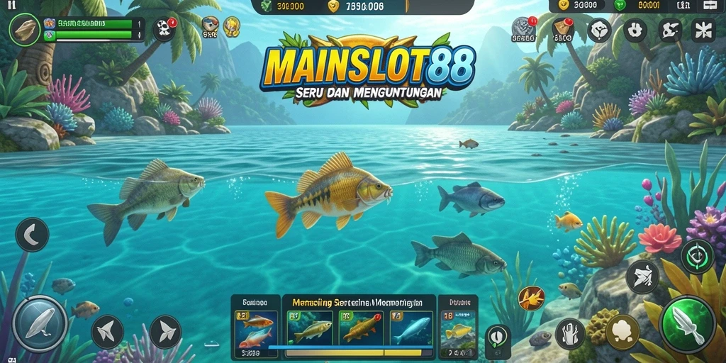 Screenshot gameplay menunjukkan pengguna sedang menangkap ikan di laut yang indah.